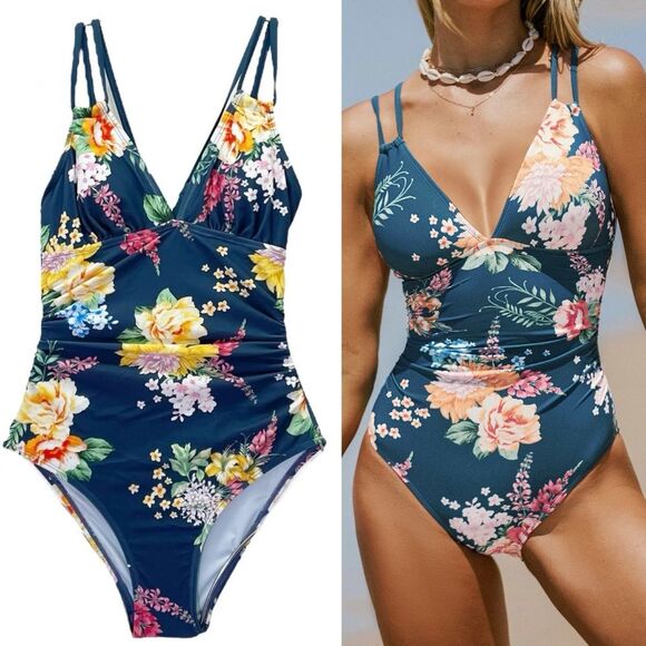 NWT Cupshe Tropical Floral Cutout One Piece Swimsuit Navy Pink Yellow Size XS - Picture 1 of 15